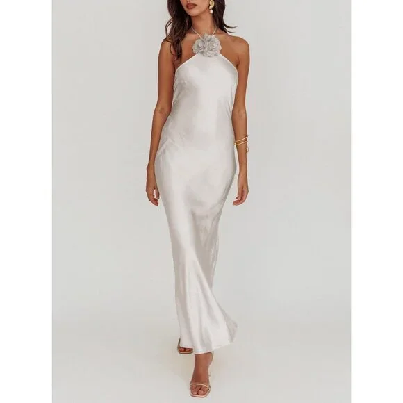 Women's White Summer Silk Sleeveless Cocktail Formal Backless Long Maxi - Picture 5 of 6